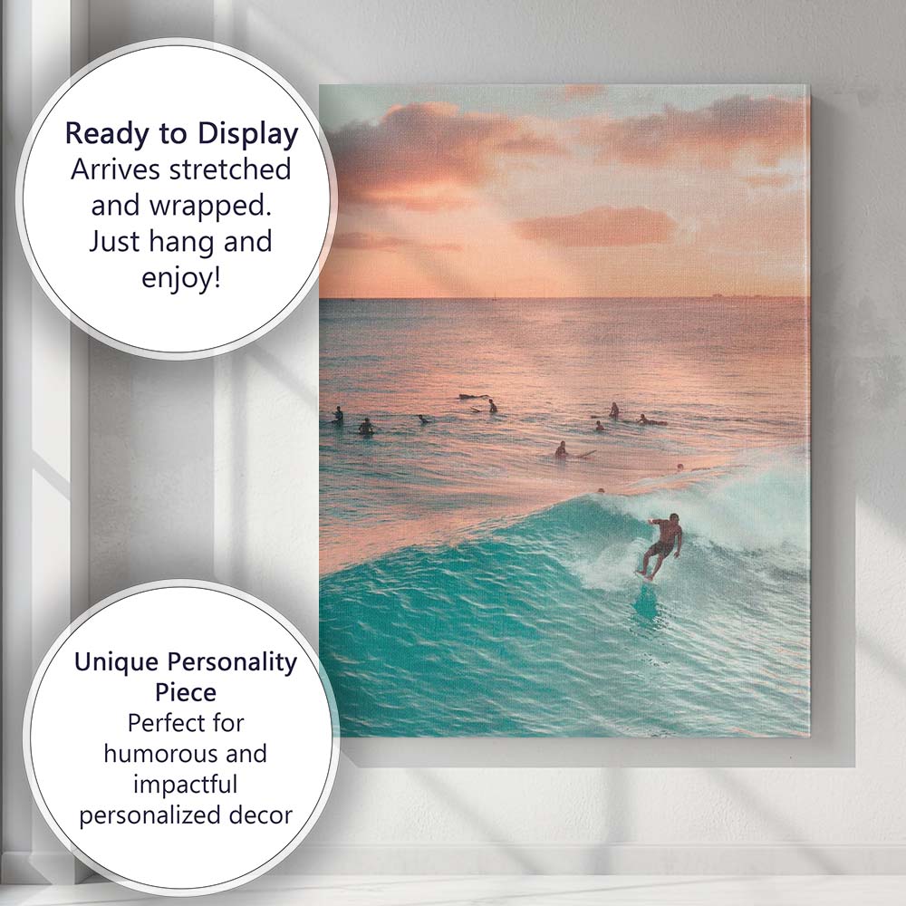 Ocean Wave Surfer Sunset Seascape Coastal Photography Canvas Wall Art Print Decor Picture Ready to Hang