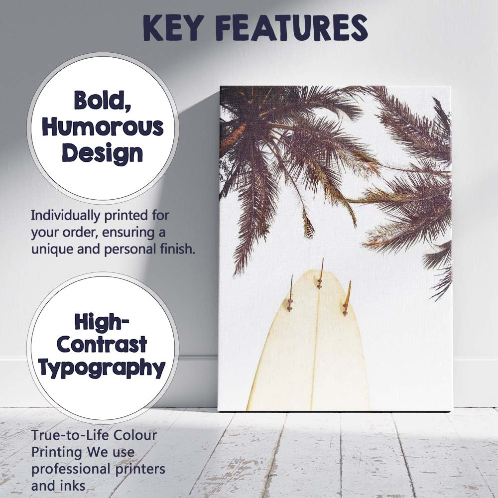 Surfboard Under Palm Trees Tropical Beach Photography Canvas Wall Art Print Decor Picture Ready to Hang