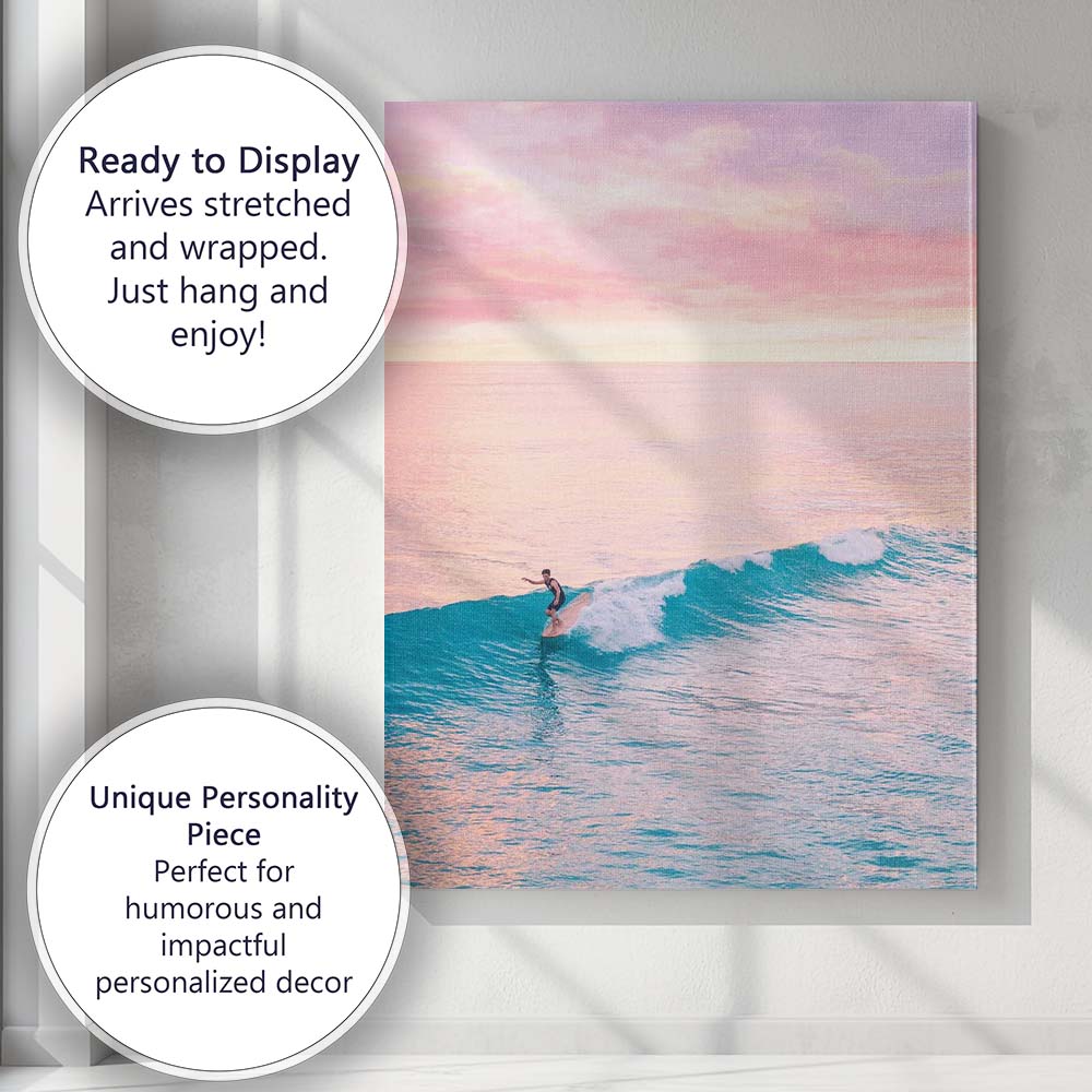 Pink Sunset Ocean Surfer Coastal Photography Canvas Wall Art Print Decor Picture Ready to Hang