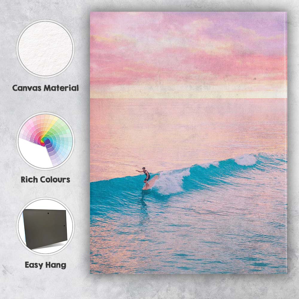 Pink Sunset Ocean Surfer Coastal Photography Canvas Wall Art Print Decor Picture Ready to Hang