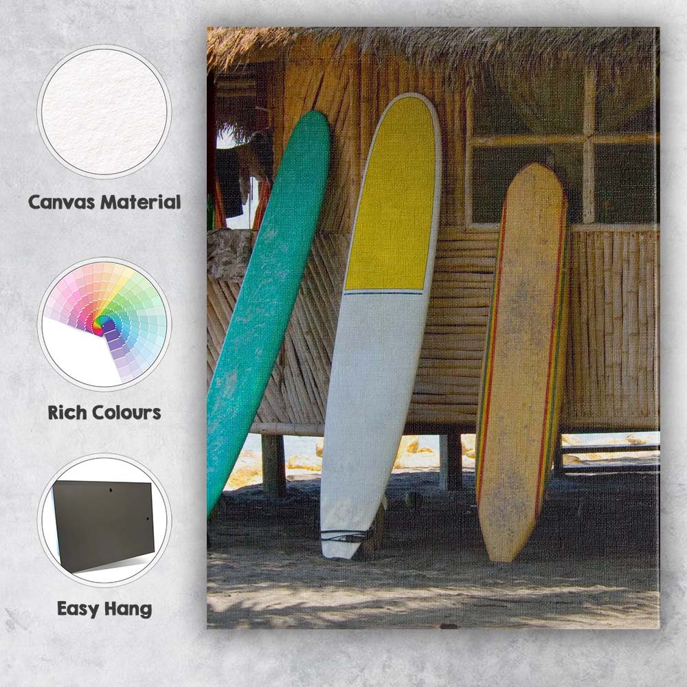 Colourful Surfboards Rustic Beach Hut Coastal Photography Canvas Wall Art Print Decor Picture Ready to Hang