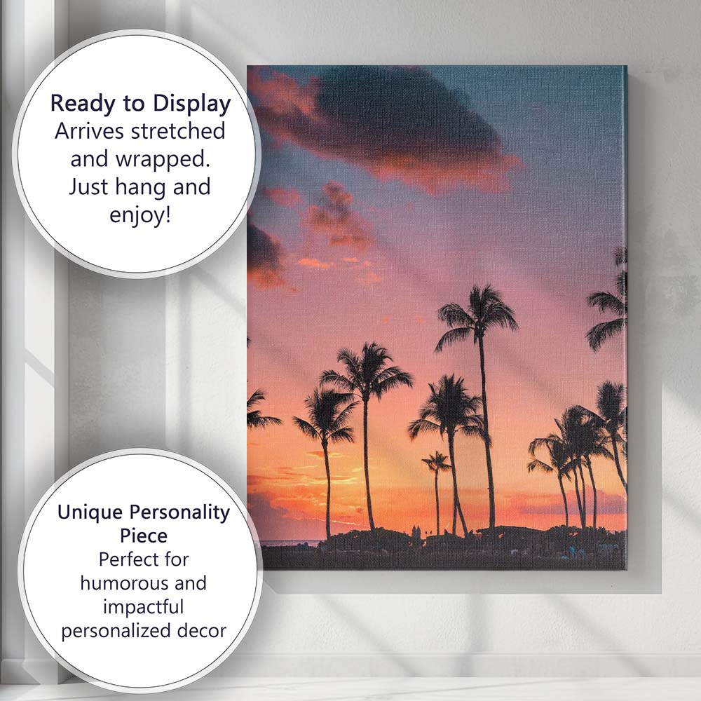 Golden Sunset Tropical Palm Tree Silhouette Photography Canvas Wall Art Print Decor Picture Ready to Hang