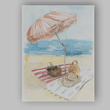 Watercolour Beach Picnic Umbrella Coastal Summer Illustration Canvas Wall Art Print Decor Picture Ready to Hang