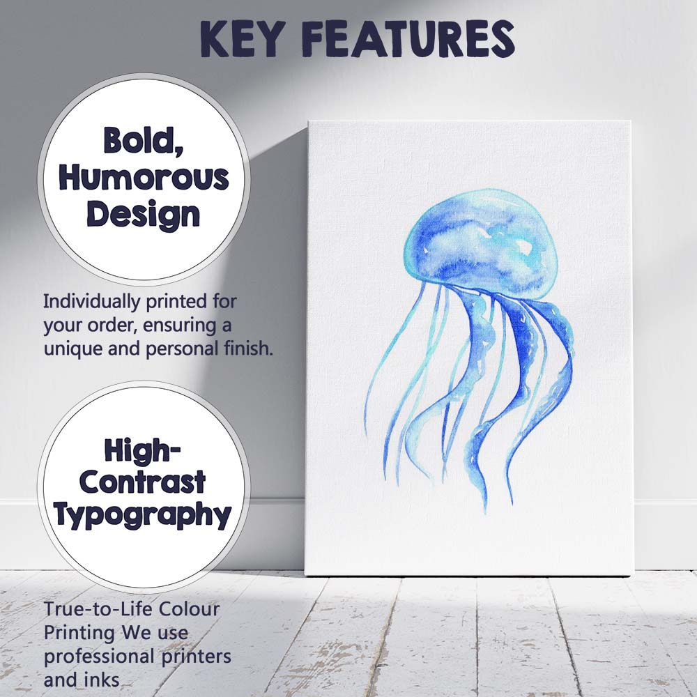 Blue Watercolour Jellyfish Marine Life Illustration Canvas Wall Art Print Decor Picture Ready to Hang