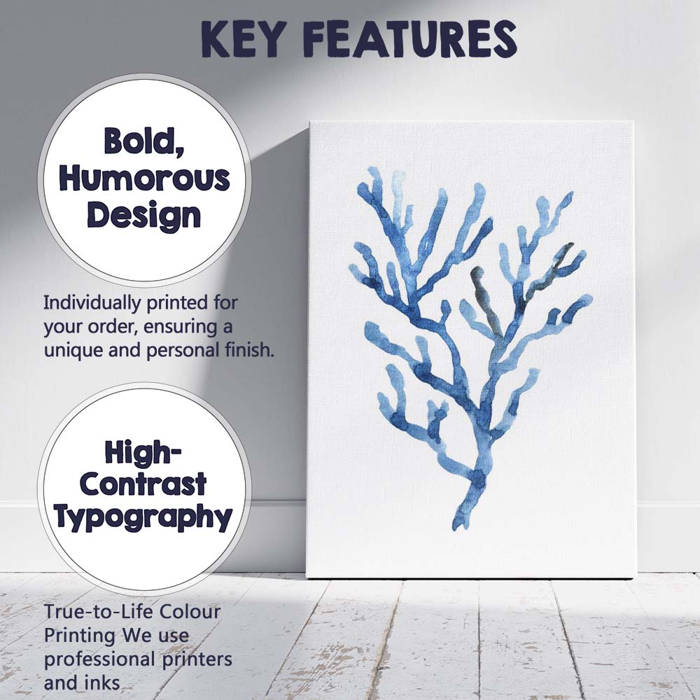 Deep Blue Watercolour Sea Coral Branch Coastal Illustration Canvas Wall Art Print Decor Picture Ready to Hang