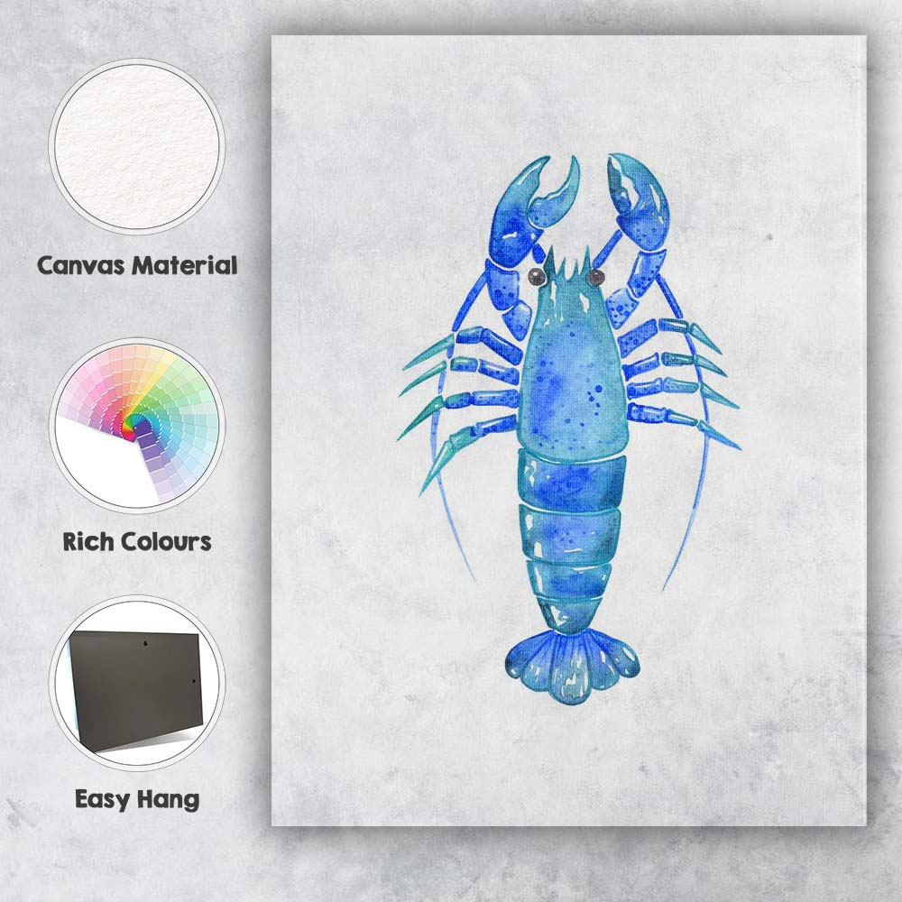 Blue Watercolour Lobster Coastal Marine Life Illustration Canvas Wall Art Print Decor Picture Ready to Hang