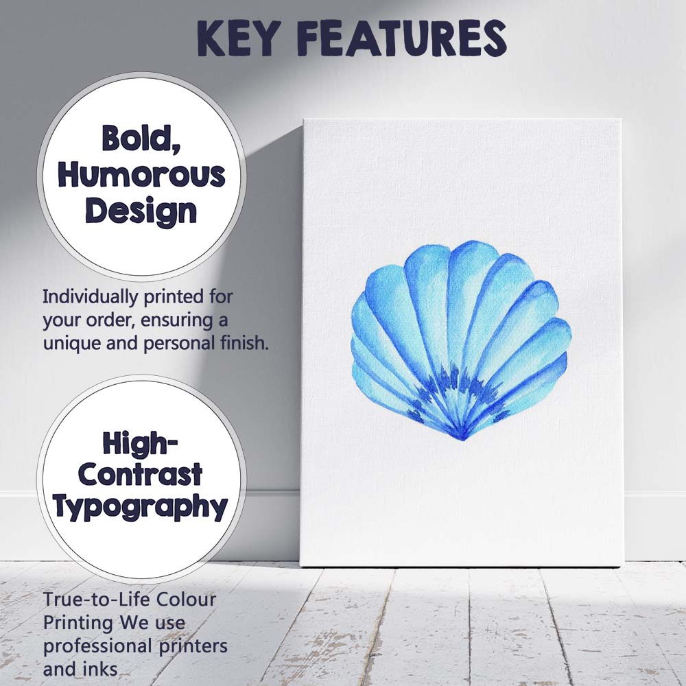 Bright Blue Scallop Seashell Watercolour Coastal Marine Illustration Canvas Wall Art Print Decor Picture Ready to Hang