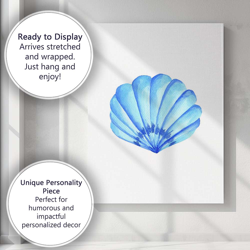 Bright Blue Scallop Seashell Watercolour Coastal Marine Illustration Canvas Wall Art Print Decor Picture Ready to Hang