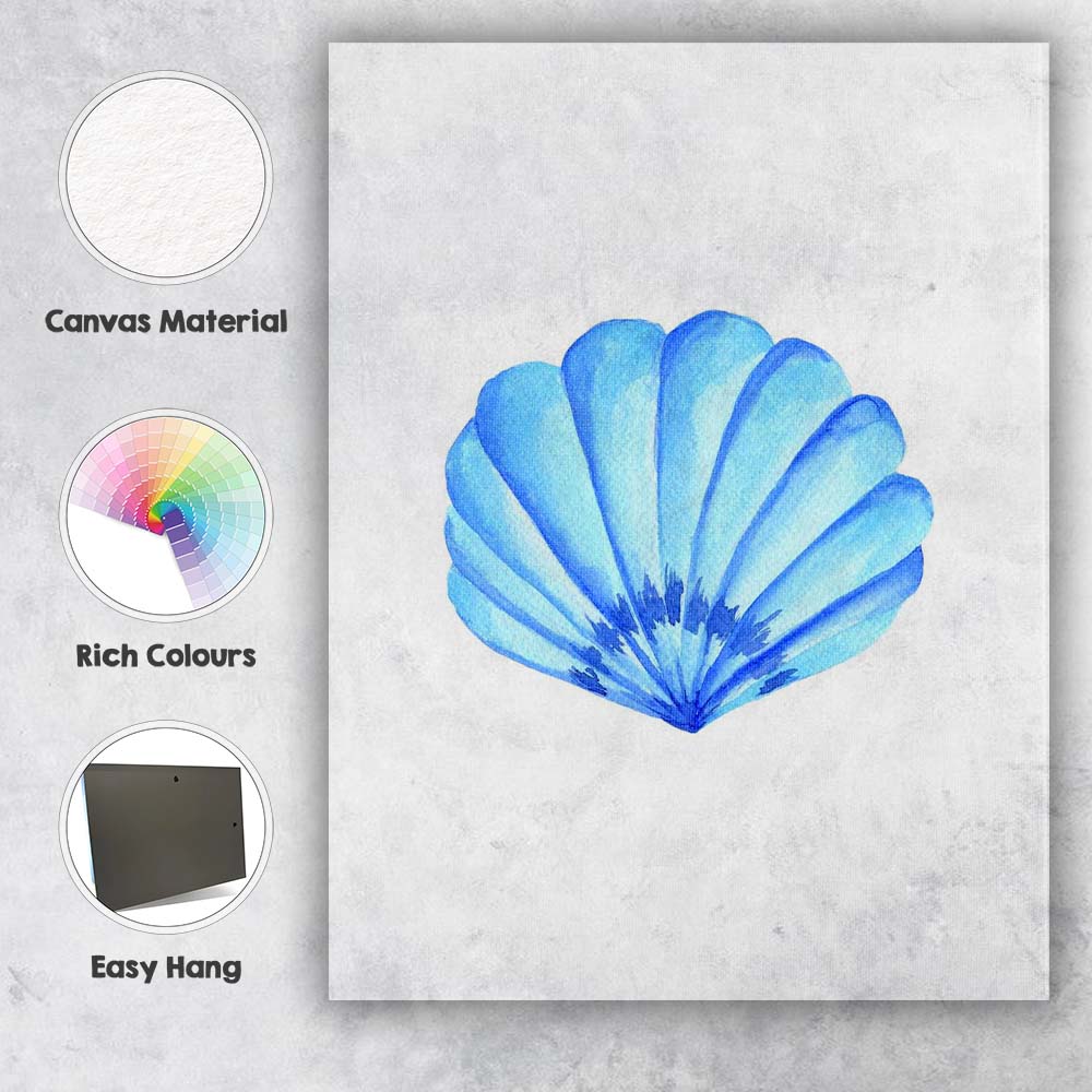 Bright Blue Scallop Seashell Watercolour Coastal Marine Illustration Canvas Wall Art Print Decor Picture Ready to Hang