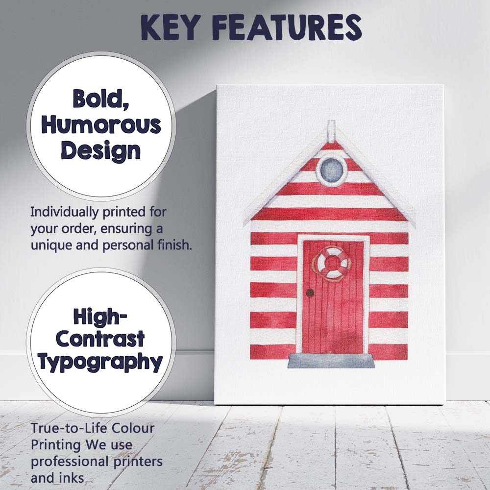 Red White Striped Beach Hut Coastal Watercolour Illustration Canvas Wall Art Print Decor Picture Ready to Hang