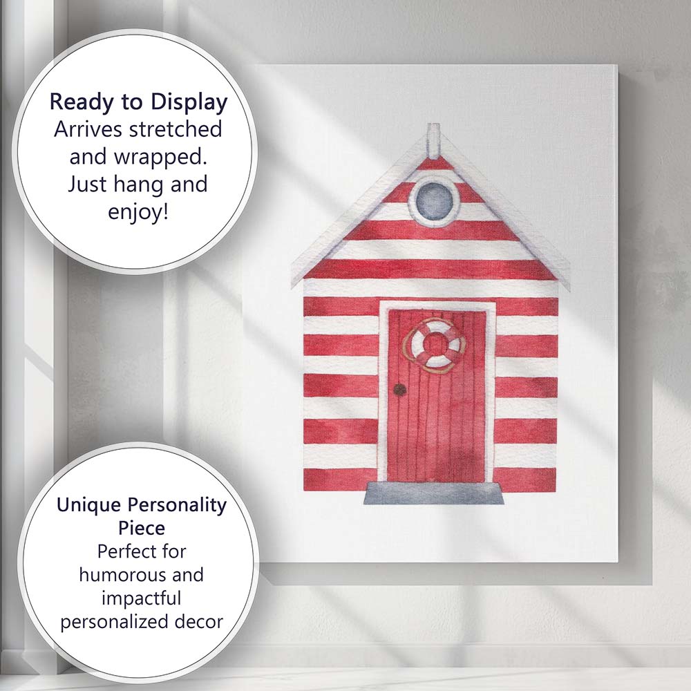 Red White Striped Beach Hut Coastal Watercolour Illustration Canvas Wall Art Print Decor Picture Ready to Hang
