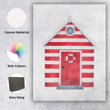 Red White Striped Beach Hut Coastal Watercolour Illustration Canvas Wall Art Print Decor Picture Ready to Hang