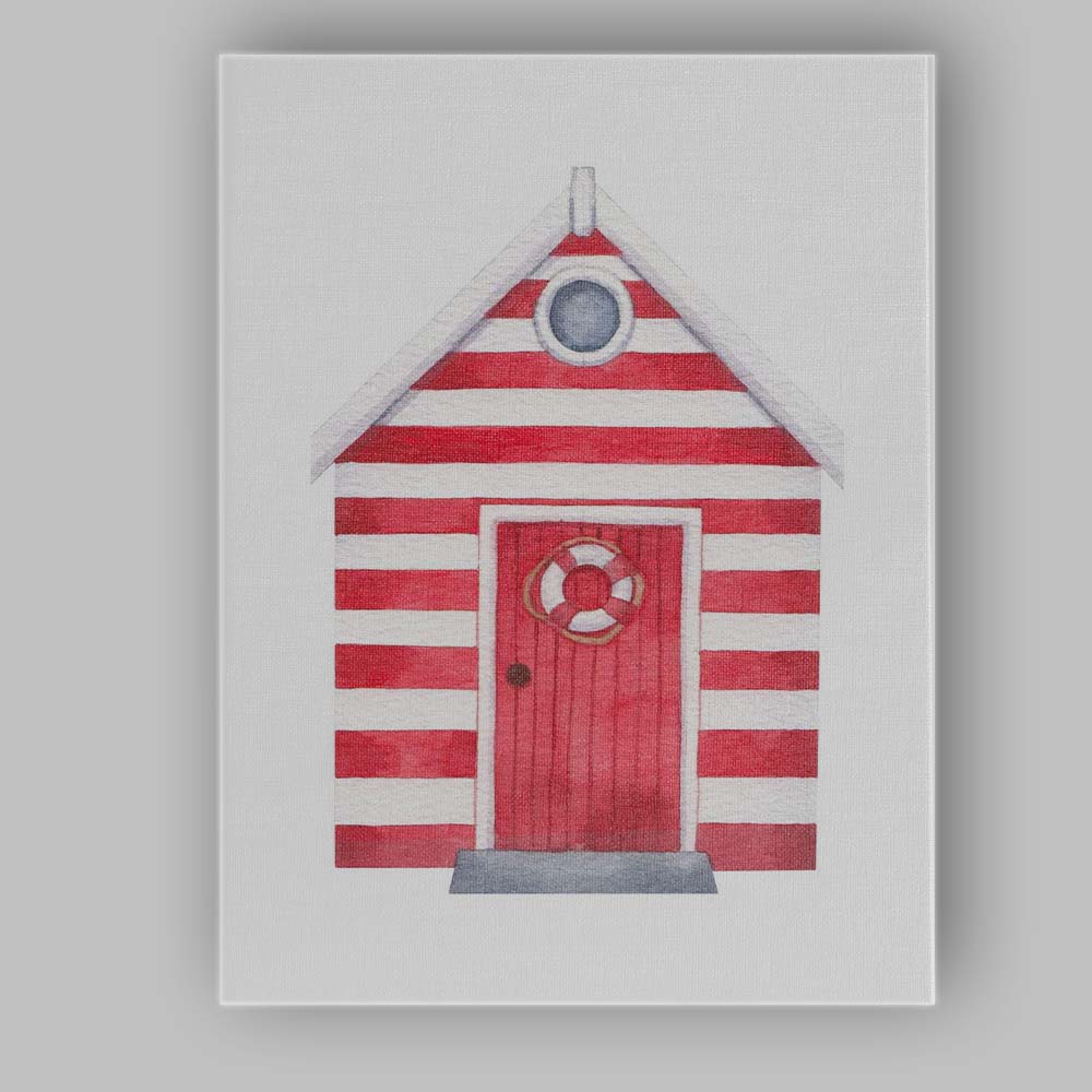 Red White Striped Beach Hut Coastal Watercolour Illustration Canvas Wall Art Print Decor Picture Ready to Hang