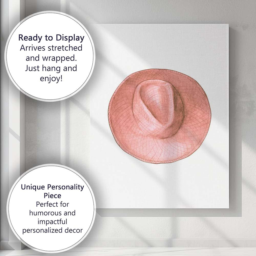 Blush Pink Wide Brim Summer Sun Hat Illustration Canvas Wall Art Print Decor Picture Ready to Hang