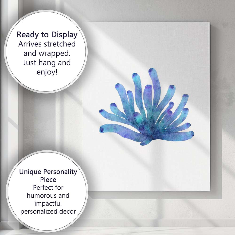 Blue Watercolour Sea Anemone Marine Coastal Illustration Canvas Wall Art Print Decor Picture Ready to Hang