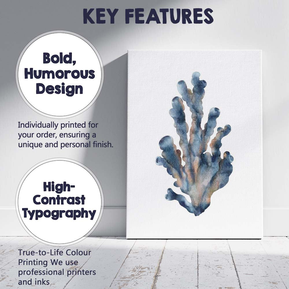 Blue Grey Watercolour Tube Coral Coastal Marine Illustration Canvas Wall Art Print Decor Picture Ready to Hang