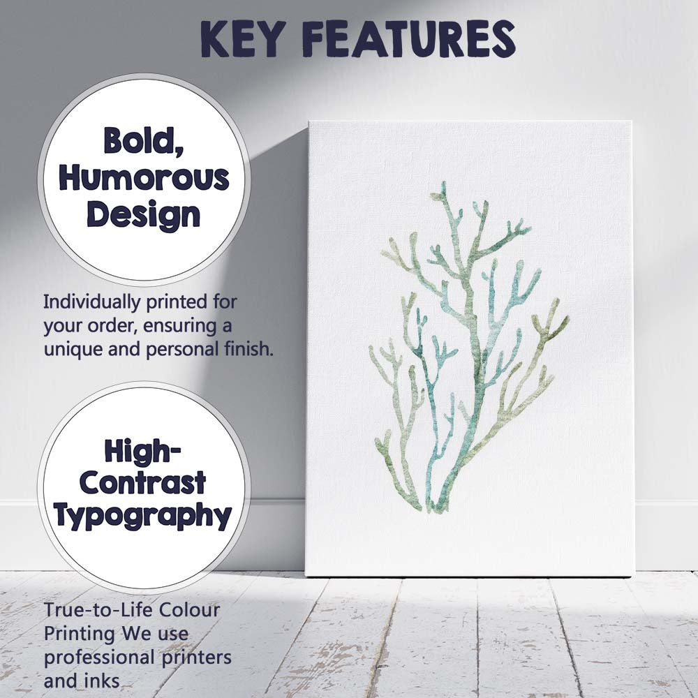 Seafoam Green Branch Coral Watercolour Coastal Illustration Canvas Wall Art Print Decor Picture Ready to Hang
