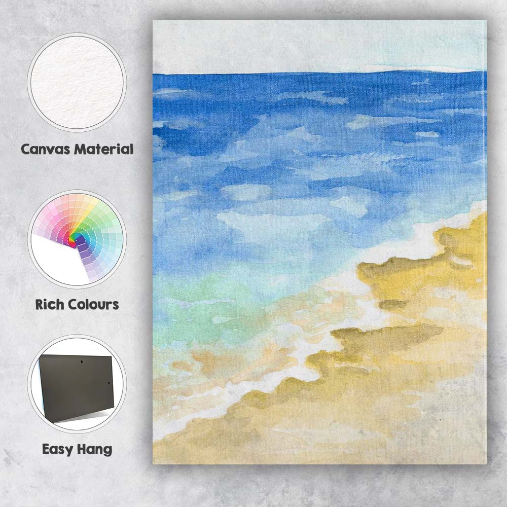 Blue Ocean Waves Sandy Beach Watercolour Seascape Canvas Wall Art Print Decor Picture Ready to Hang