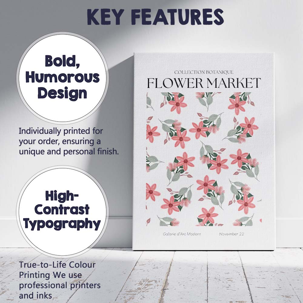 Coral Pink Floral Flower Market Botanical Poster Canvas Wall Art Print Decor Picture Ready to Hang