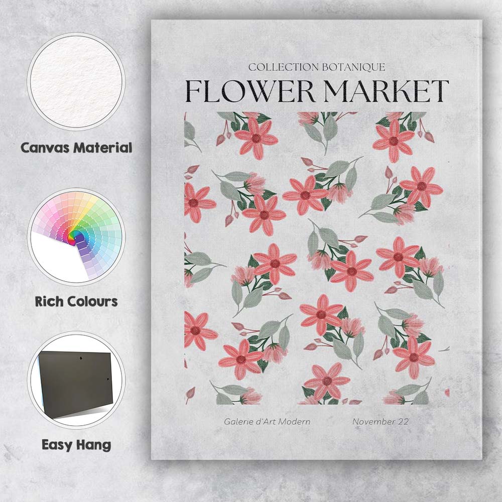 Coral Pink Floral Flower Market Botanical Poster Canvas Wall Art Print Decor Picture Ready to Hang