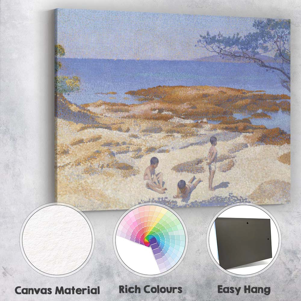 Pointillist Coastal Beach Children Seaside Landscape Painting Canvas Wall Art Print Decor Picture Ready to Hang