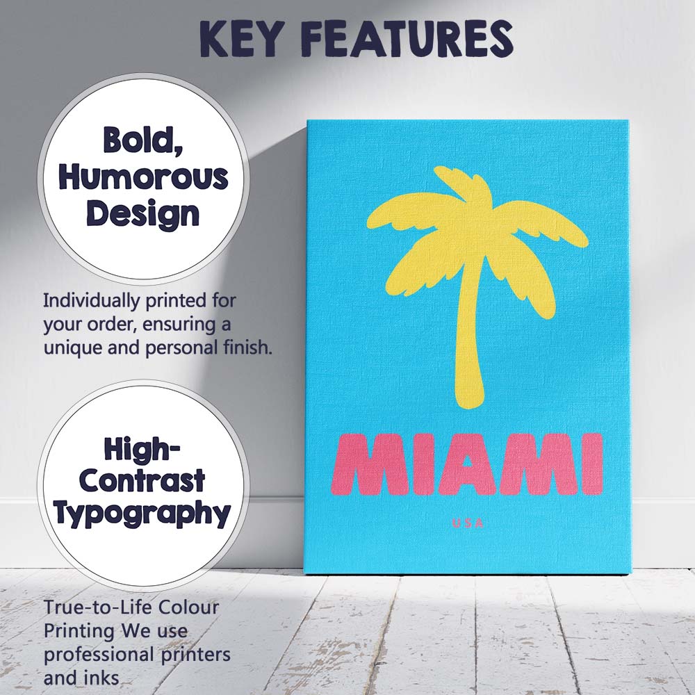 Bright Tropical Miami Palm Tree Retro Travel Poster Canvas Wall Art Print Decor Picture Ready to Hang
