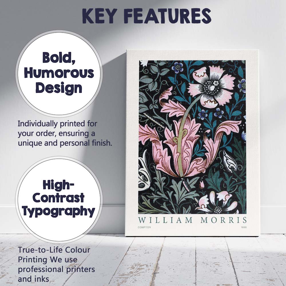 Pink Floral Compton William Morris Botanical Pattern Canvas Wall Art Print Decor Picture Ready to Hang