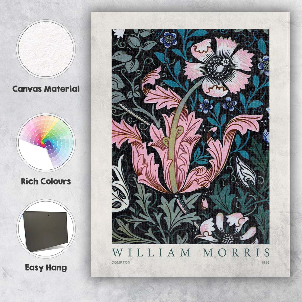 Pink Floral Compton William Morris Botanical Pattern Canvas Wall Art Print Decor Picture Ready to Hang