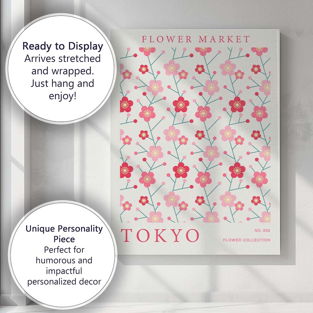 Japanese Pink Cherry Blossom Flower Market Botanical Pattern Canvas Wall Art Print Decor Picture Ready to Hang