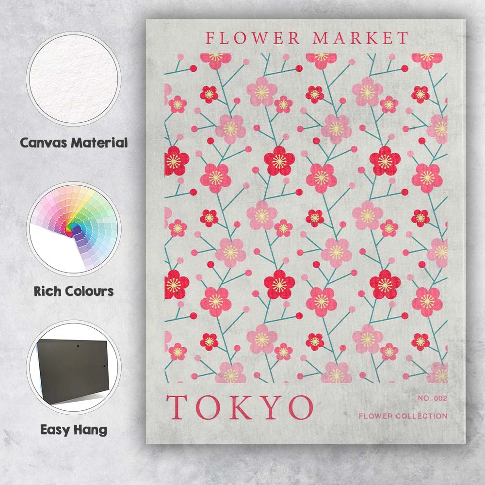 Japanese Pink Cherry Blossom Flower Market Botanical Pattern Canvas Wall Art Print Decor Picture Ready to Hang
