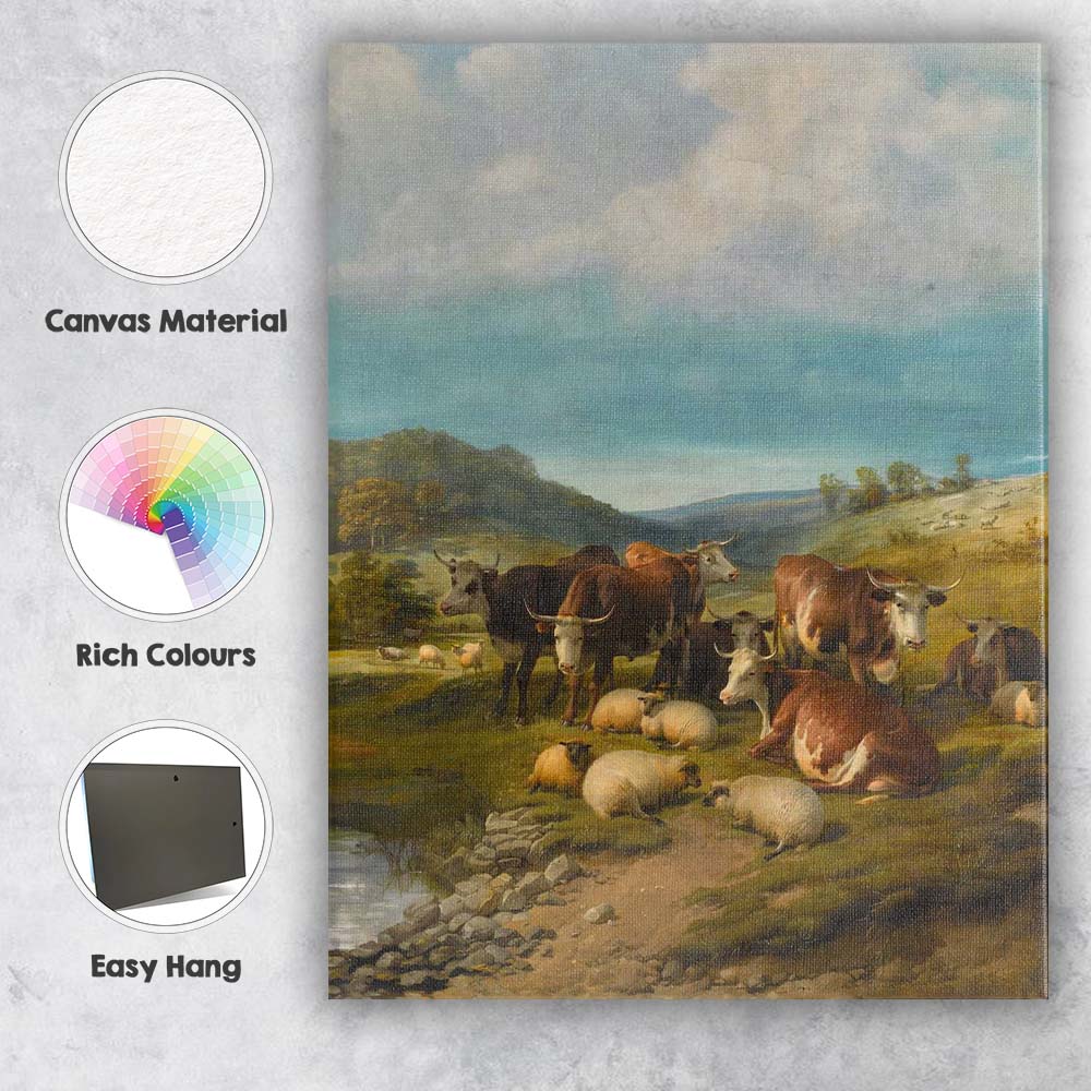Traditional Pastoral Cattle And Sheep Countryside Landscape Oil Painting Canvas Wall Art Print Decor Picture Ready to Hang
