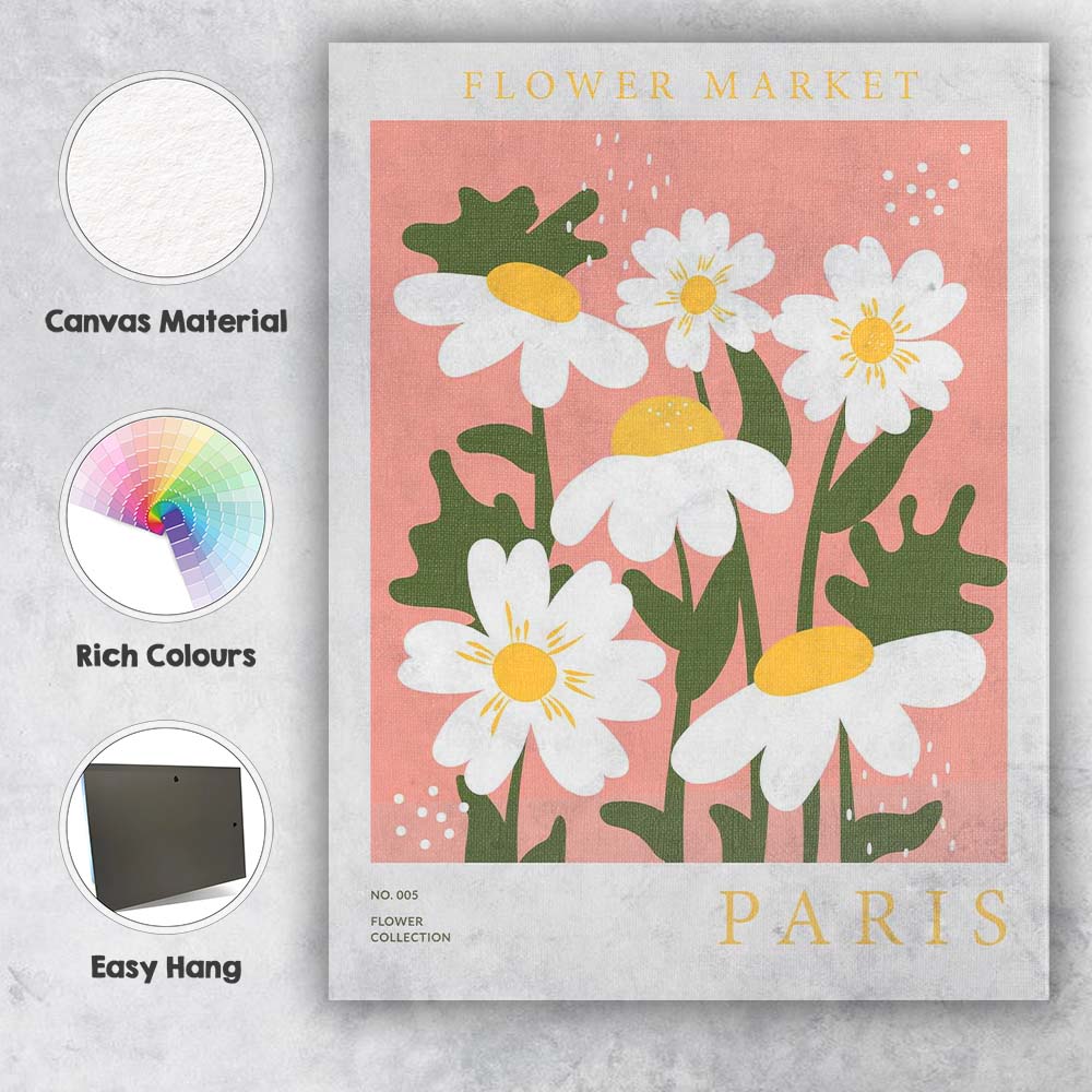 Pastel Pink Daisy Flower Market Scandinavian Botanical Illustration Canvas Wall Art Print Decor Picture Ready to Hang