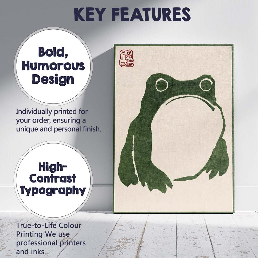 Minimalist Green Frog Sumi Ink Illustration Canvas Wall Art Print Decor Picture Ready to Hang