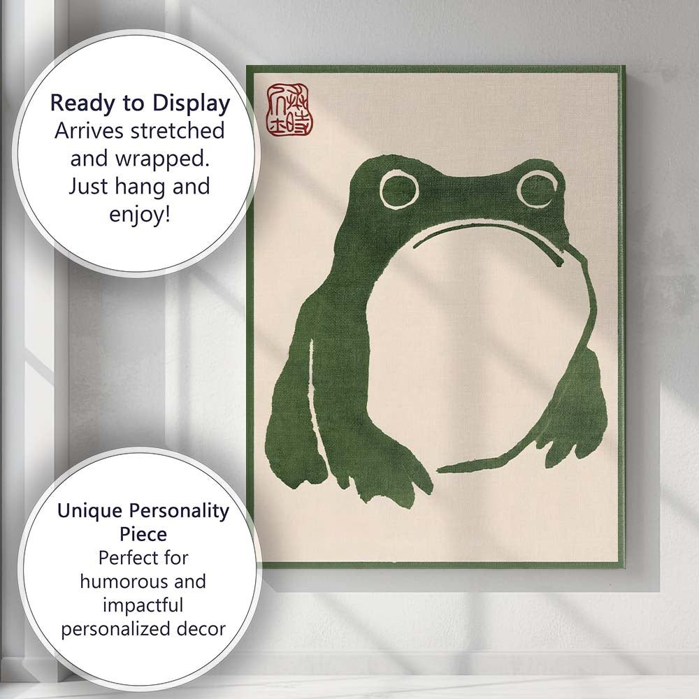 Minimalist Green Frog Sumi Ink Illustration Canvas Wall Art Print Decor Picture Ready to Hang