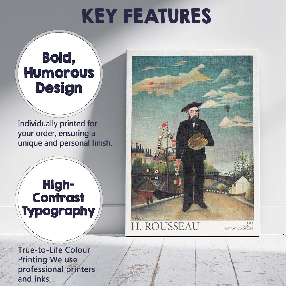 Henri Rousseau Self Portrait With Artist Palette Paris Cityscape Canvas Wall Art Print Decor Picture Ready to Hang