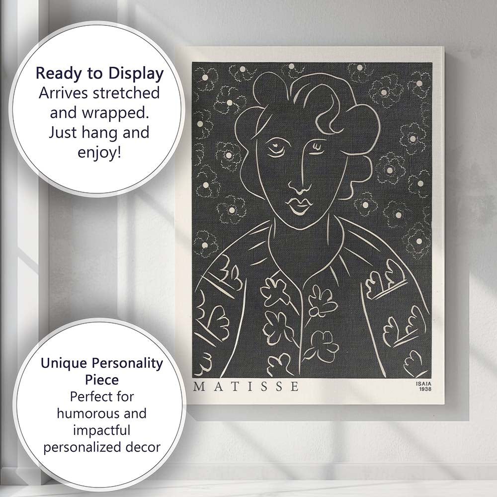 Abstract Black White Floral Portrait Line Art Matisse Inspired Minimalist Canvas Wall Art Print Decor Picture Ready to Hang