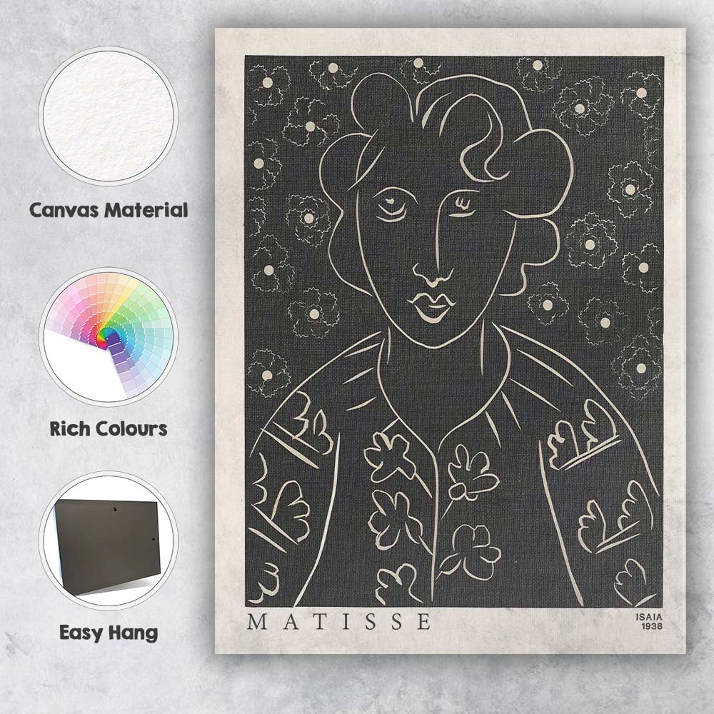 Abstract Black White Floral Portrait Line Art Matisse Inspired Minimalist Canvas Wall Art Print Decor Picture Ready to Hang