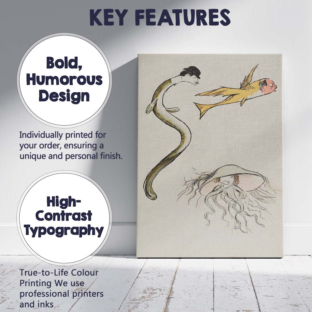 Whimsical Surreal Fish And Eel Fantasy Line Drawing Canvas Wall Art Print Decor Picture Ready to Hang