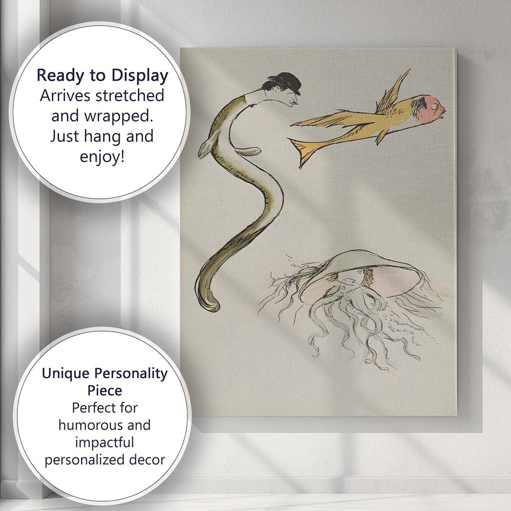 Whimsical Surreal Fish And Eel Fantasy Line Drawing Canvas Wall Art Print Decor Picture Ready to Hang