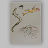Whimsical Surreal Fish And Eel Fantasy Line Drawing Canvas Wall Art Print Decor Picture Ready to Hang