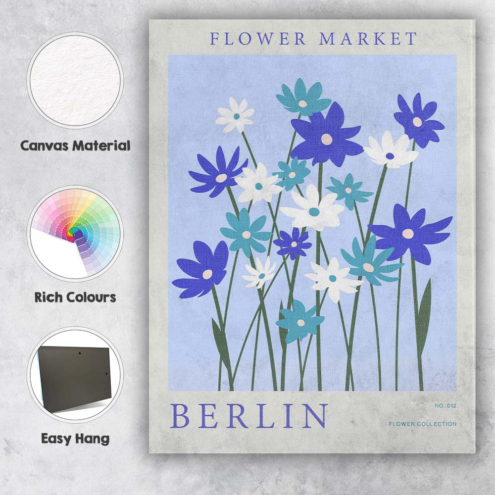 Blue White Wildflower Market Scandinavian Floral Illustration Canvas Wall Art Print Decor Picture Ready to Hang