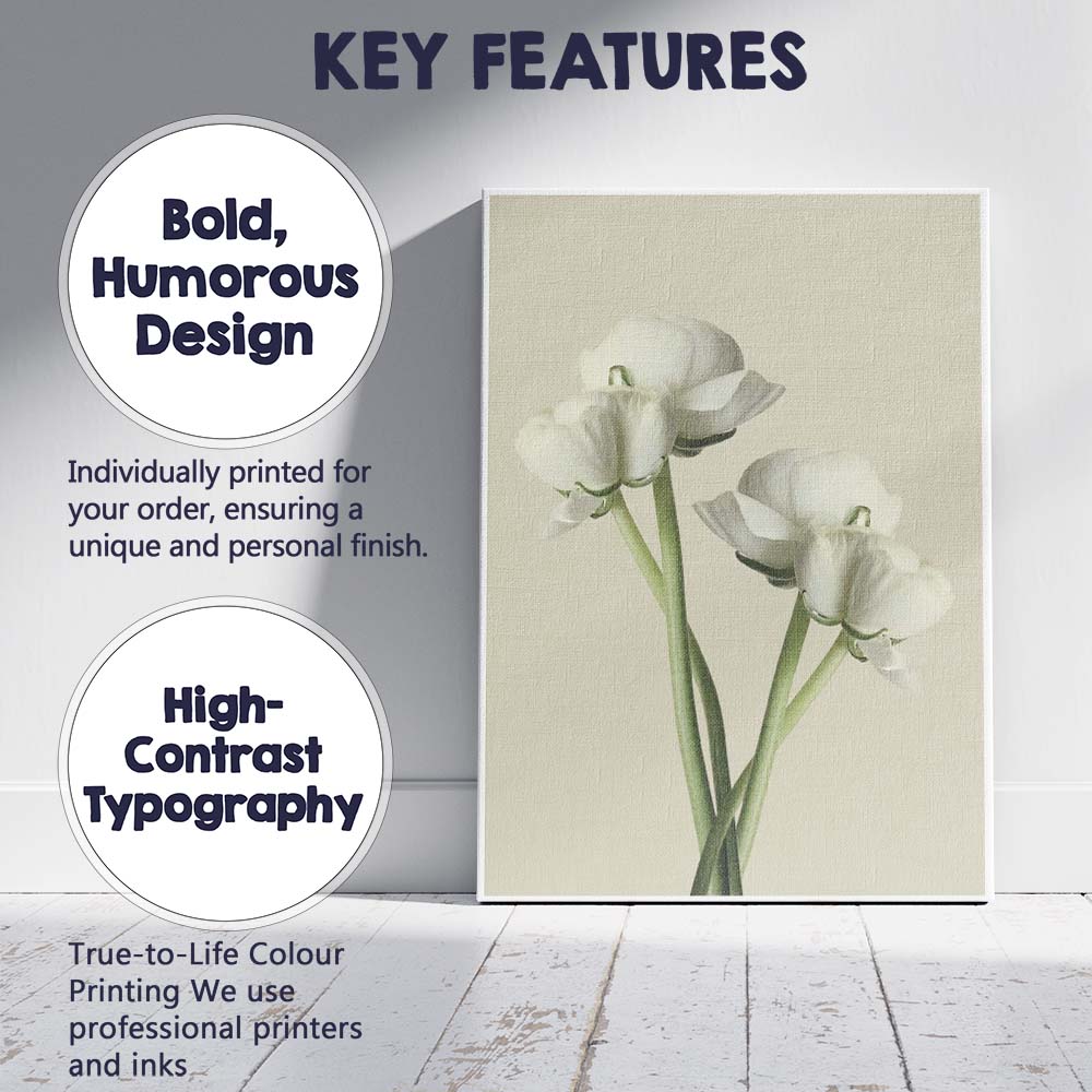 Soft White Ranunculus Floral Minimalist Botanical Still Life Canvas Wall Art Print Decor Picture Ready to Hang