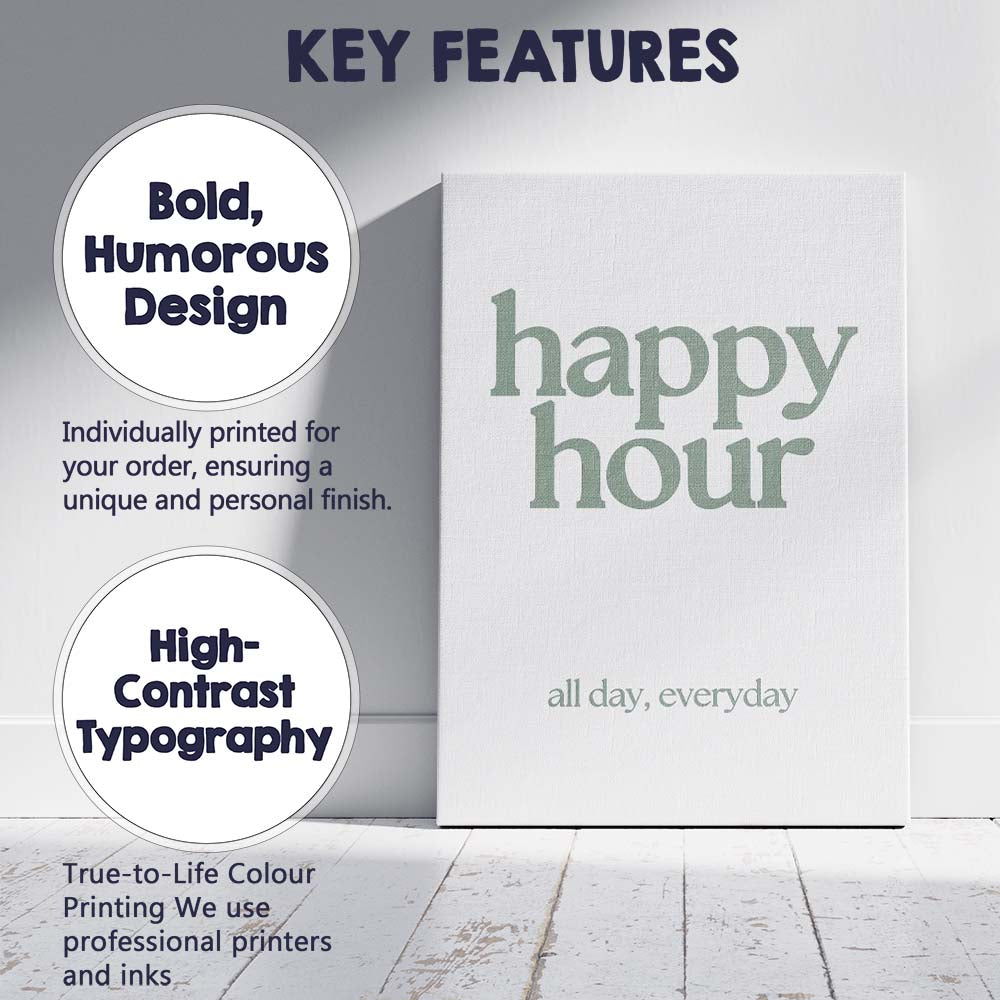 Minimalist Happy Hour Sage Green Typography Quote Canvas Wall Art Print Decor Picture Ready to Hang