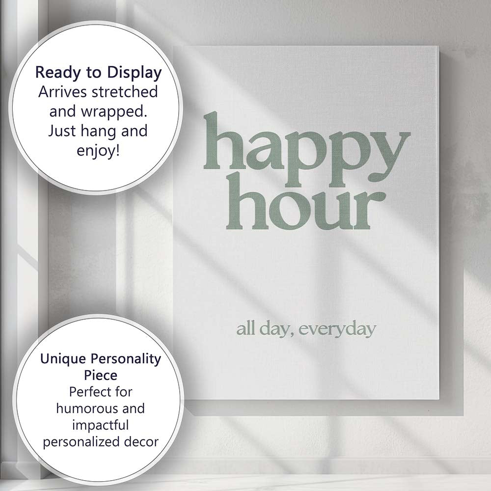 Minimalist Happy Hour Sage Green Typography Quote Canvas Wall Art Print Decor Picture Ready to Hang