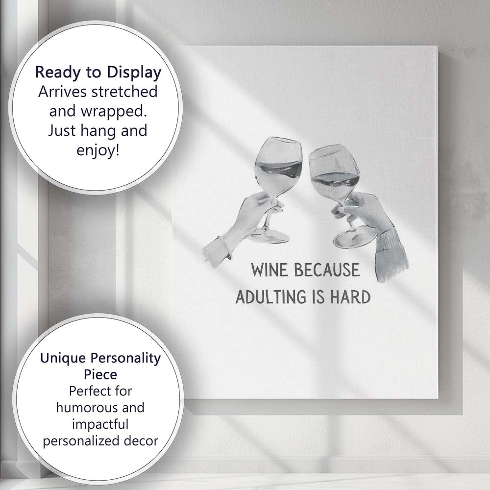 Watercolour Wine Glasses Wine Because Adulting Is Hard Quote Canvas Wall Art Print Decor Picture Ready to Hang
