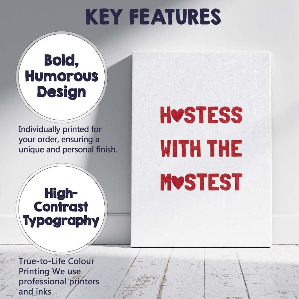 Funny Hostess With The Mostest Red Typography Quote Canvas Wall Art Print Decor Picture Ready to Hang
