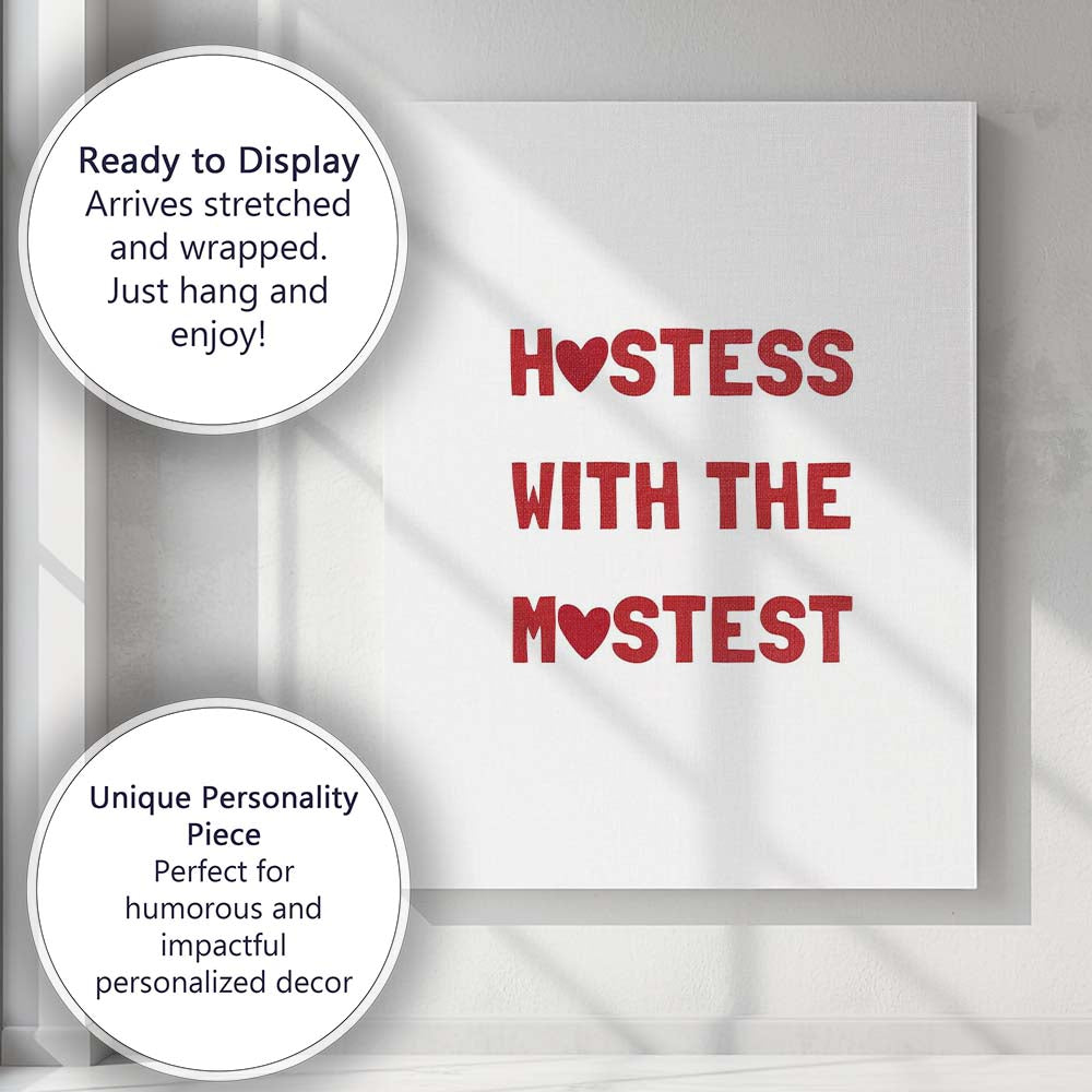 Funny Hostess With The Mostest Red Typography Quote Canvas Wall Art Print Decor Picture Ready to Hang