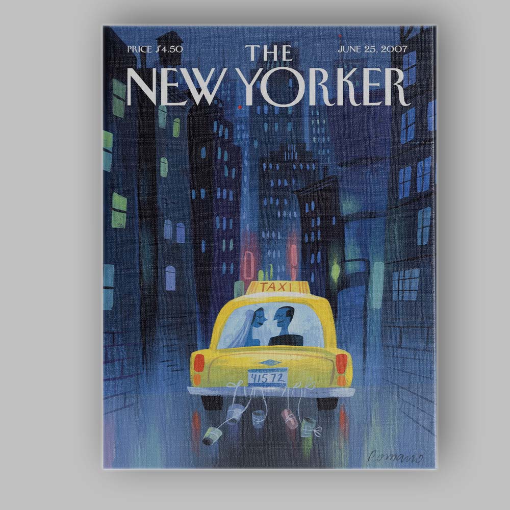 Yellow Taxi Wedding Night City Illustration Canvas Wall Art Print Decor Picture Ready to Hang