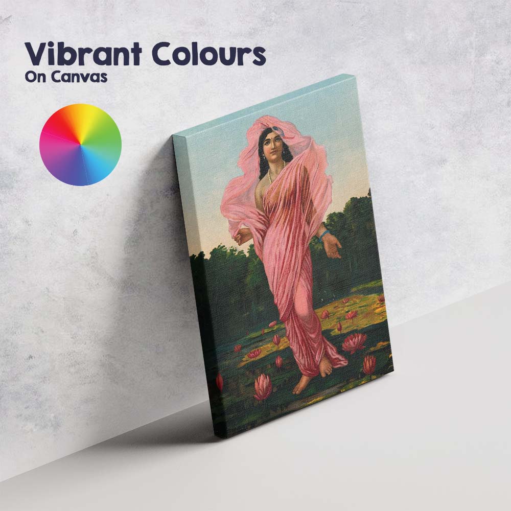 Graceful Woman in Pink Sari Lotus Pond Painting Canvas Wall Art Print Decor Picture Ready to Hang