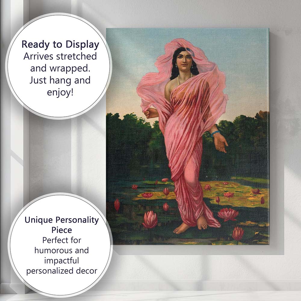 Graceful Woman in Pink Sari Lotus Pond Painting Canvas Wall Art Print Decor Picture Ready to Hang